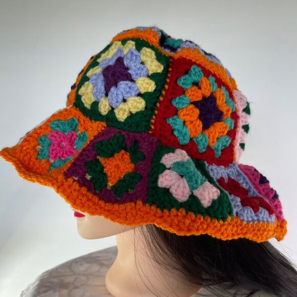 Crochet Bucket Hat Granny Square Pattern Multicolored Adult Size Handmade main image 4